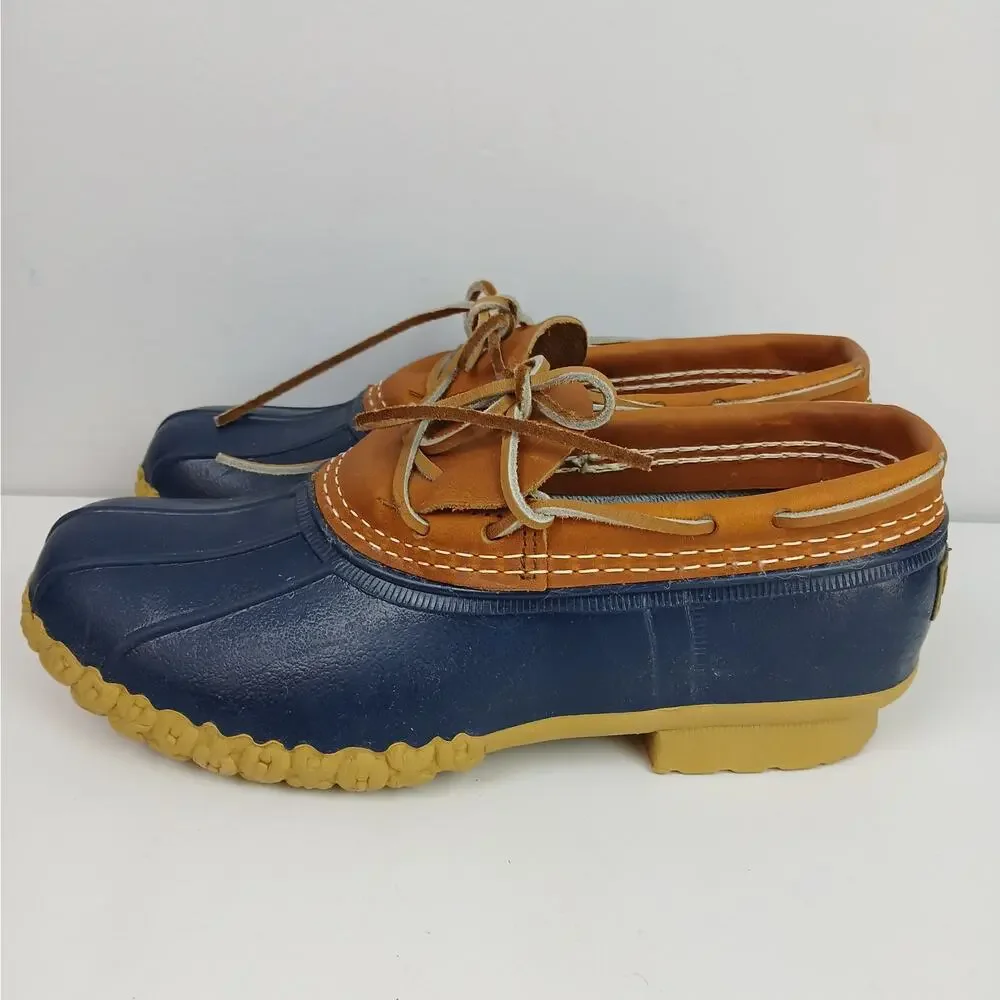 L.L.Bean Women's SZ 9M Bean Boots, Rubber Mocs Tan Bright Navy Runs 1 SZ LG